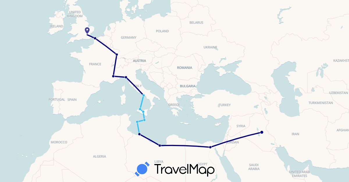 TravelMap itinerary: driving, boat in Egypt, France, United Kingdom, Iraq, Italy, Libya, Malta (Africa, Asia, Europe)